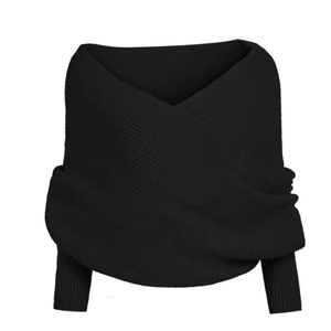 Pull châle en maille noire chic avec poignets au design minimaliste et irrégulier