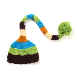 Handmade crochet long tail Christmas hat for infants in colorful striped knit pattern