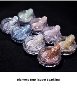 Detailed view of 8-color glitter nail art powder set with sparkling diamond effect