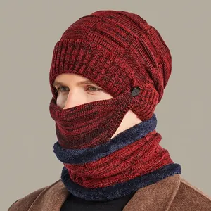 Men's winter 3-piece knit set including hat, mask, and neck warmer with fleece lining