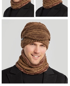 Macro detail of brown knitted winter hat and fleece-lined neck warmer set with ribbing