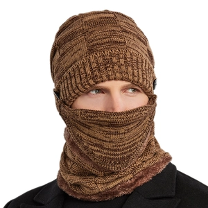 Brown knitted hat and neck warmer set with fleece lining for winter outdoor protection