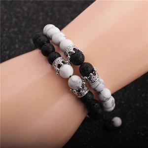 Men's 8mm lava rock and white turquoise bead bracelet set with silver crown charm