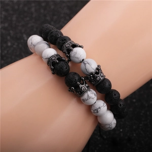 Men's crown beaded bracelet set with white turquoise and black volcanic lava stones