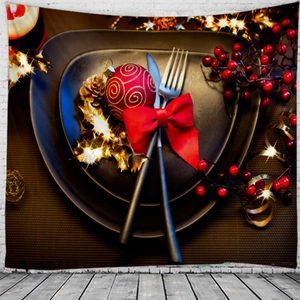 Christmas tapestry featuring a festive dining table scene with red berries and ornaments
