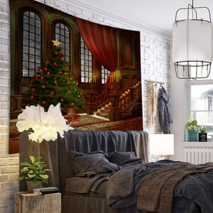 Close-up of a large Christmas tapestry with a decorated tree and vintage stairs