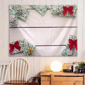 Detailed Christmas wall tapestry featuring holiday gifts and bows on white wood texture