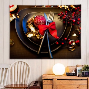 Christmas tapestry featuring festive table setting with red berries on white wood wall