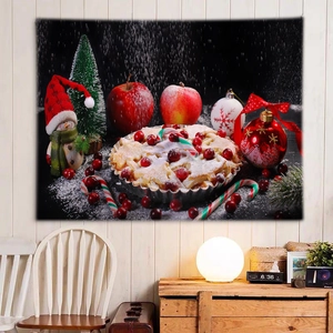 Detailed Christmas tapestry scene featuring fruit pie and festive holiday decor items
