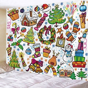 Christmas theme wall tapestry with colorful hand-drawn holiday patterns for home decor