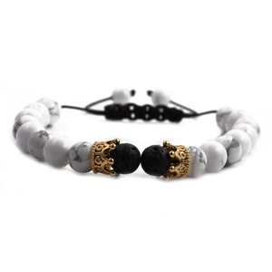 8mm White Howlite and Lava Stone Crown Bracelet Set with Adjustable Black Cord