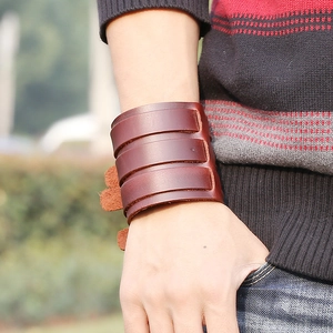 Men's brown multilayer wide leather bracelet in a vintage punk style for outdoor casual wear