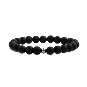 Men's minimalist beaded bracelet set with 8mm matte black stones and polished silver metal bead