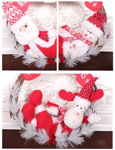 Detailed views of Christmas wreaths featuring Santa, Snowman, and Reindeer plush figures