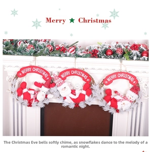 Three-piece Christmas wreath set with Santa, reindeer, and snowman hanging on a white fireplace