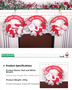 Detailed view of 30cm red and white Christmas wreath with Santa and Snowman plush doll