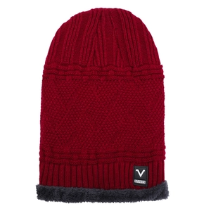 Deep red cable knit winter beanie with thick faux fur lining and V SPORTS patch