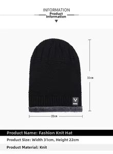 Detail view of black knit beanie with gray fleece lining and V SPORTS label dimensions
