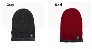 Detail of warm winter knit beanie with thick fleece lining and V SPORTS label tag