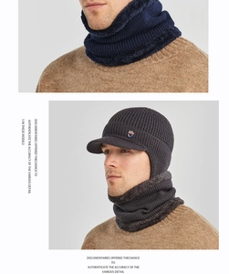 Detail of warm winter knit trapper hat and neck warmer set with soft fleece lining