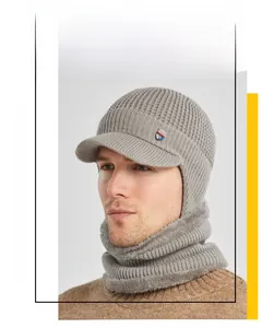 Men's winter knit beanie hat and neck warmer set with thick fleece lining in light grey