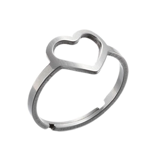 Detailed view of hollow heart shaped stainless steel ring with adjustable open band design