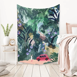 Bohemian tropical jungle tapestry with red car illustration for wall decoration