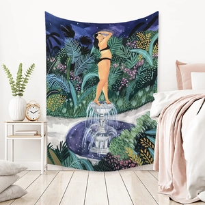 Artistic tapestry showing a woman in a tropical fountain under a starry night sky