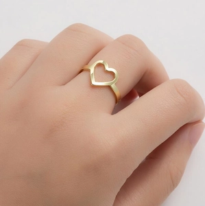 Minimalist gold heart open ring for women worn on finger with simple geometric design