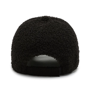 Back view of a black fuzzy sherpa baseball cap with an adjustable strap closure