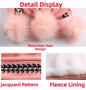 Detail of pink knit hat featuring three pom-poms and warm white fleece lining