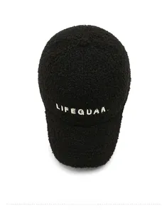 Top view detail of black faux shearling baseball cap with white LIFEGUARD embroidery