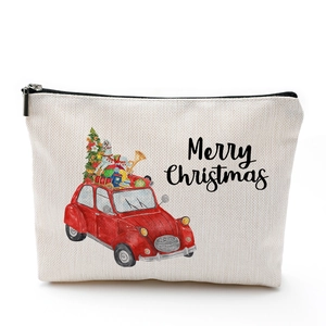 Waterproof cotton linen Christmas makeup bag with vintage red car and Merry Christmas text