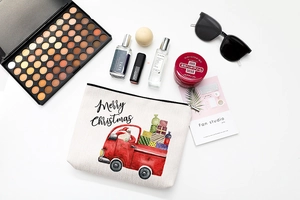 Waterproof linen Christmas cosmetic bag with Santa truck print and travel essentials