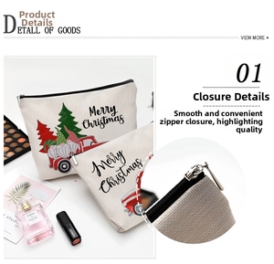 Detail showing two-piece Christmas canvas makeup bags with festive prints and zip closure
