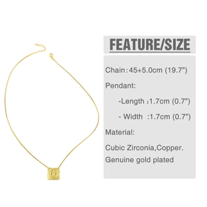 Macro detail of gold plated square pendant necklace showing dimensions and zircon inlay