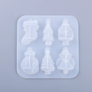 Detailed view of 6-cavity Christmas silicone mold featuring Santa and tree shapes