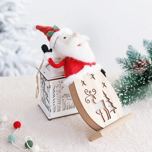Creative wooden Santa Claus ornament with warm glowing lights and reindeer carvings