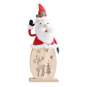 LED Santa wooden Christmas ornament with plush fabric and carved reindeer base