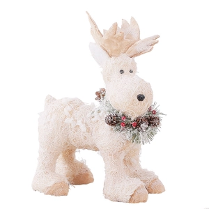 White Christmas reindeer figurine with pine cones and red berries for holiday table decor