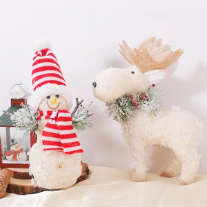 Nordic Christmas snowman and reindeer desk ornaments with sisal texture and wood accents