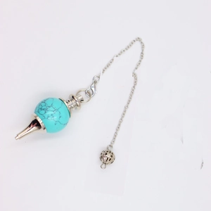 Chakra dowsing pendulum with turquoise gemstone bead and silver metal hollow pendant chain