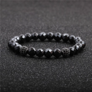 Faceted hematite beaded bracelet for men featuring micro-pave black zircon balls