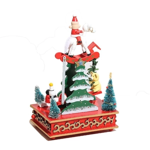 Boîte à musique de Noël en bois avec Père Noël sur cheval à bascule et sapins décorés