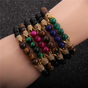 Natural Tiger Eye Malachite Lapis Lazuli Beaded Bracelet For Men Alloy Crown Zircon Charms Elastic Rope Jewelry