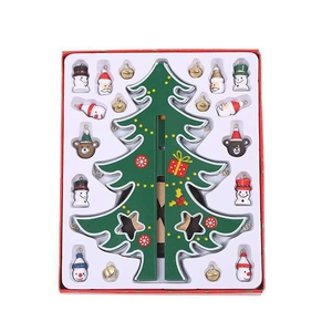 DIY wooden Christmas tree table ornament set with snowman charms in red gift box packaging