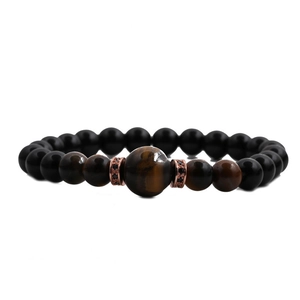 Tiger eye and black onyx beaded men's bracelet with rose gold zircon accents