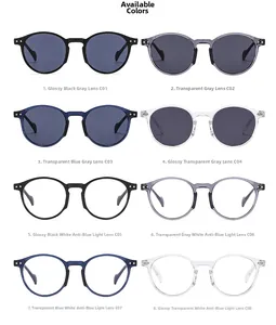 Matrix of round sunglasses in eight frame colors and anti-blue light lens variations