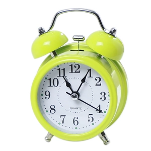 Classic green metal twin bell alarm clock with quartz movement and clear dial