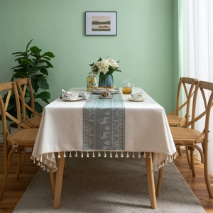 Nordic Reindeer Tree Pattern Tablecloth Cotton Linen Blend Fringed Tassel Rectangular Dustproof Table Cover Decor
